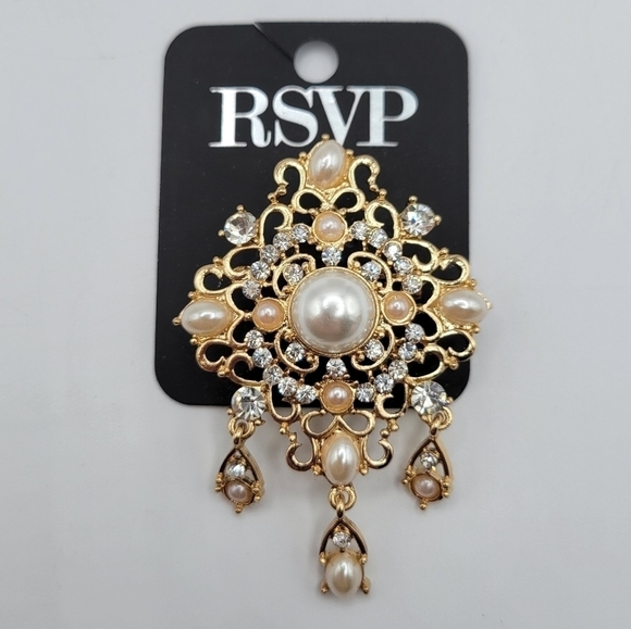 Charming Charlies RSVP Gold Ivory Pearl Brooch - Picture 2 of 5